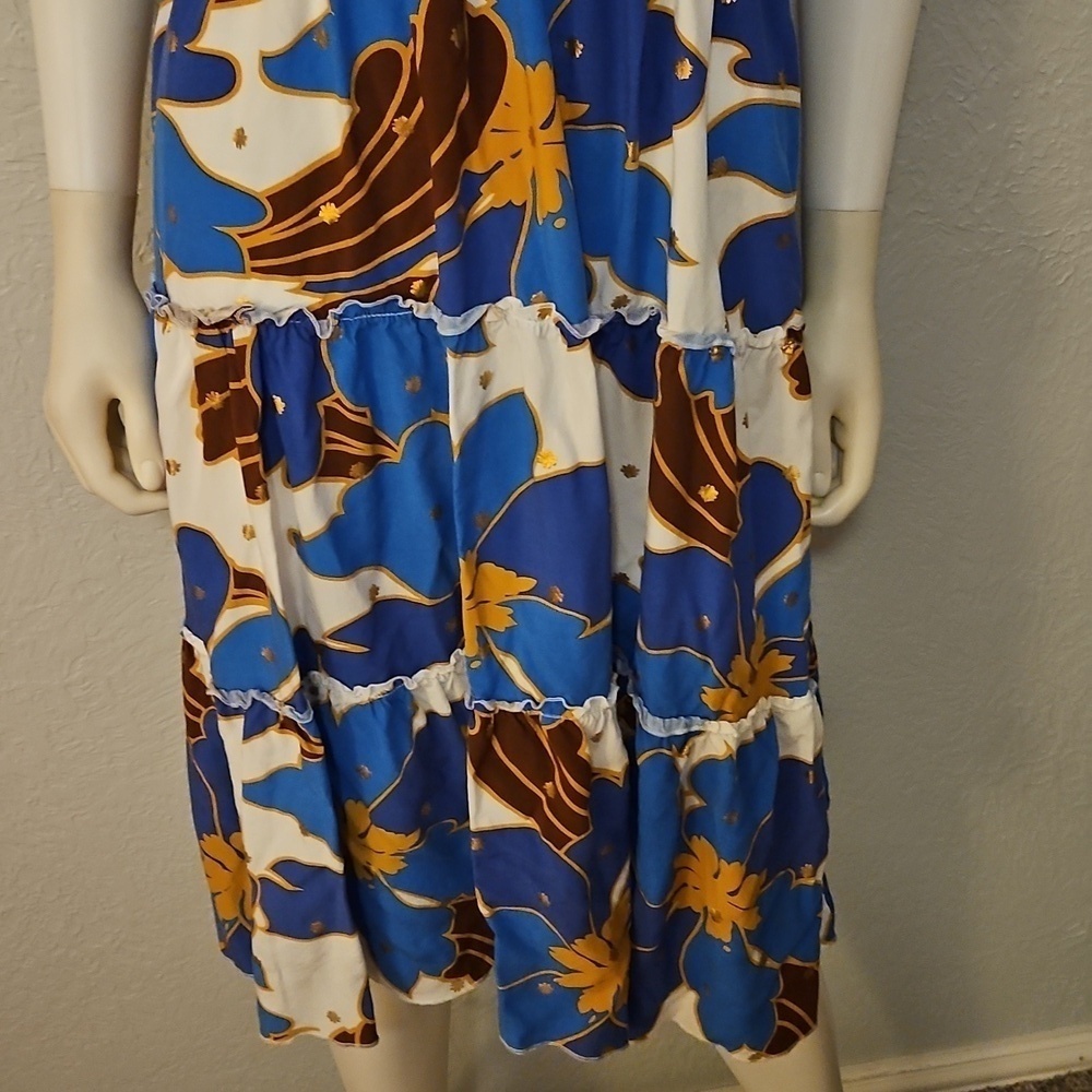 ALEX and PARKER Tropical Blue Floral Sleeveless Tiered Shirt Tiki Dress - Picture 6 of 13